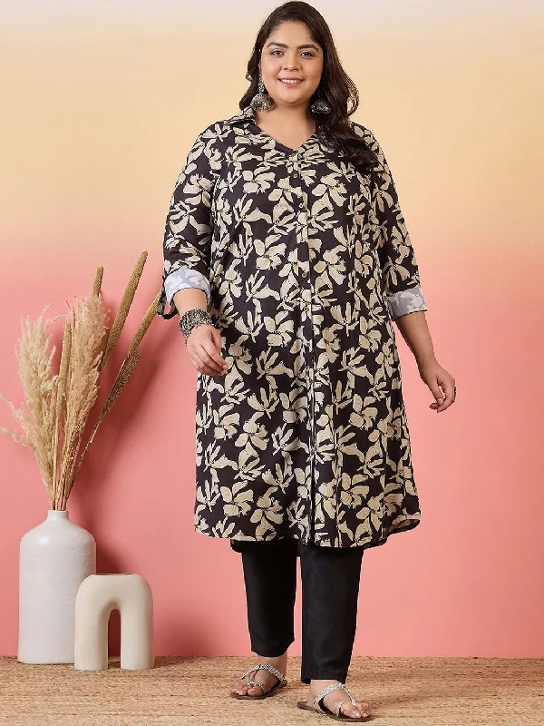 Sztori Plus Size Floral Printed Shirt Collar Roll-Up Sleeves Crepe Pathani Kurta-- Graphic Embroidered Appliqued Sztori Plus Size Floral Printed Shirt Collar Roll-Up Sleeves Crepe Pathani Kurta-- Graphic Embroidered Appliqued