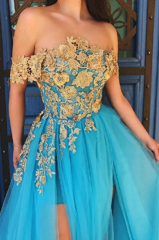 Elegant Off the Shoulder Blue Lace Prom Dresses with Gold Appliques Tulle Party Dresses STK15187 Crew Neckline Casual Elegant Off the Shoulder Blue Lace Prom Dresses with Gold Appliques Tulle Party Dresses STK15187 Crew Neckline Casual