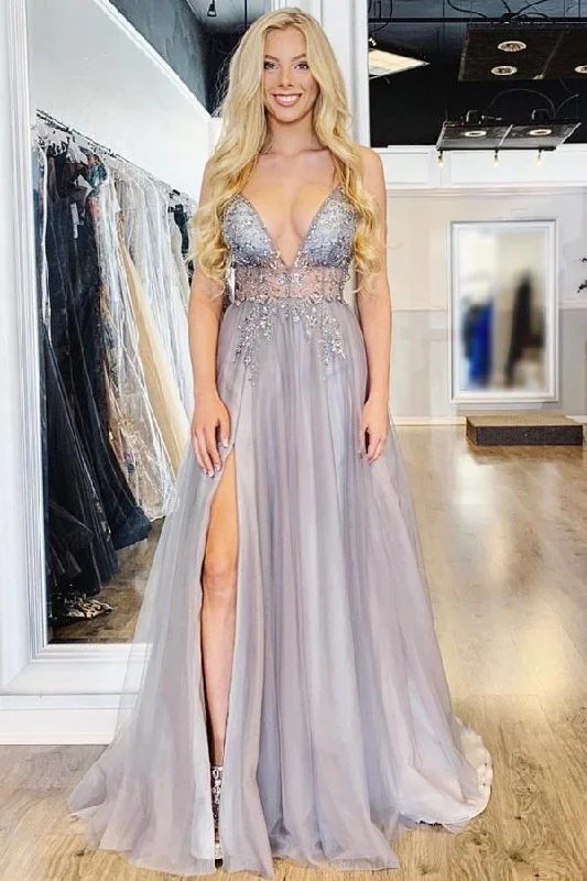 A Line Spaghetti Straps Deep V Neck Beads Tulle Prom Dresses with High Split Party Dress Tunics Distressed trendy A Line Spaghetti Straps Deep V Neck Beads Tulle Prom Dresses with High Split Party Dress Tunics Distressed trendy
