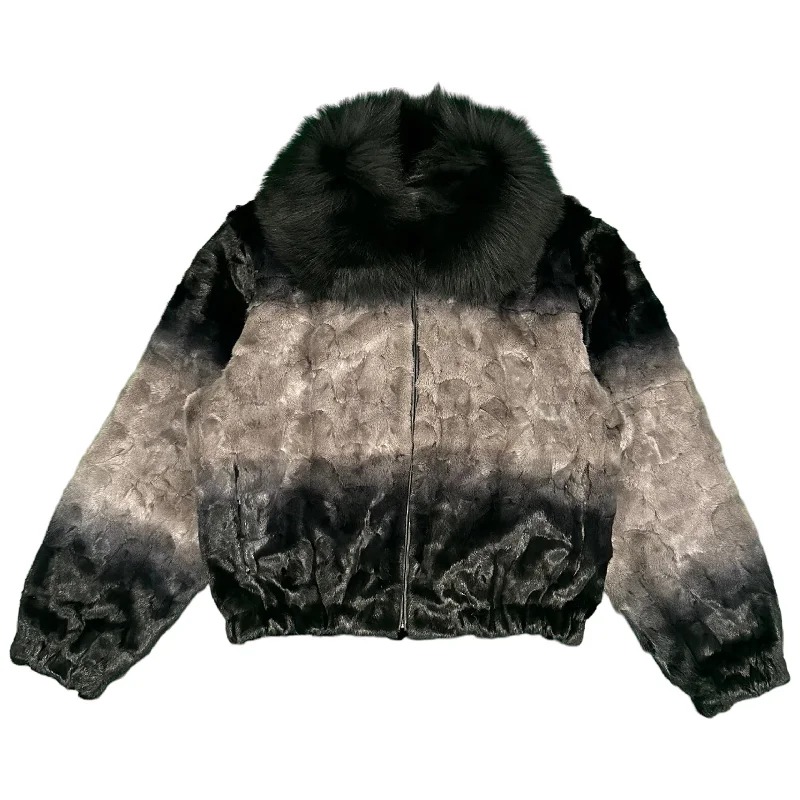 Kashani Women's Black/Grey Diamond Cut Mink Fox Collar Fur Jacket Lace Jacket Ribbed Jacket Sequined Jacket Kashani Women's Black/Grey Diamond Cut Mink Fox Collar Fur Jacket Lace Jacket Ribbed Jacket Sequined Jacket