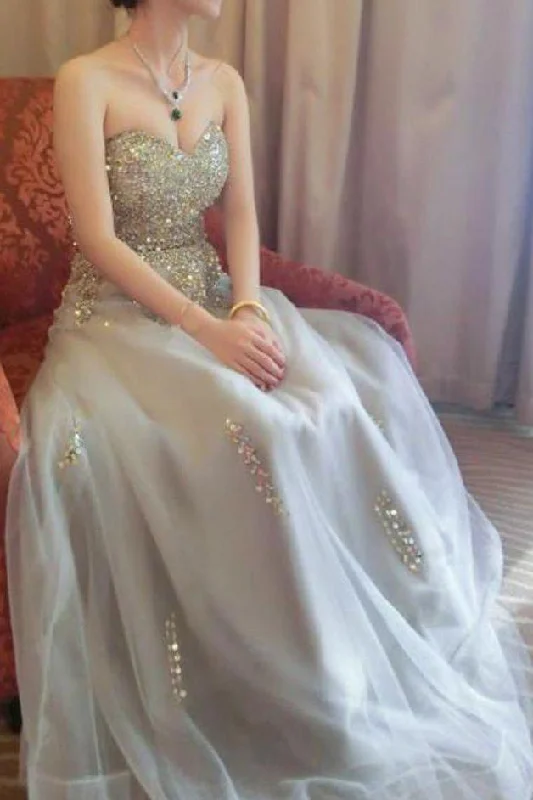 Sweetheart A line Beads Strapless Grey Tulle Lace up Prom Dresses Party Dresses Tunics Yoga stretchy Sweetheart A line Beads Strapless Grey Tulle Lace up Prom Dresses Party Dresses Tunics Yoga stretchy