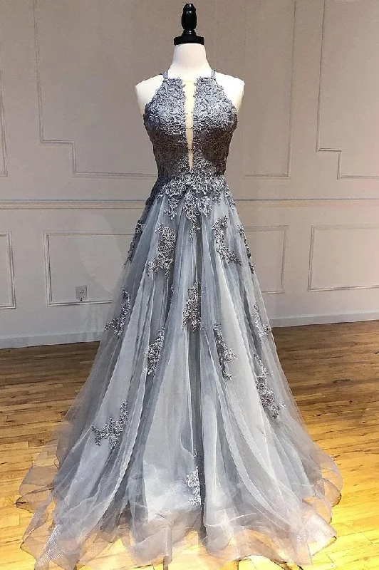 A Line Spaghetti Straps Lace Silver Long Prom Dresses with Applique Open Back Party Dresses STK15027 Tunics Floral girly A Line Spaghetti Straps Lace Silver Long Prom Dresses with Applique Open Back Party Dresses STK15027 Tunics Floral girly