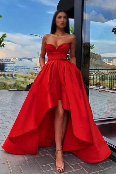 Elegant A Line Red Strapless High Low Prom Dresses with Pockets, Long Party Dresses STK15148 Turtleneck Warm Winter Elegant A Line Red Strapless High Low Prom Dresses with Pockets, Long Party Dresses STK15148 Turtleneck Warm Winter