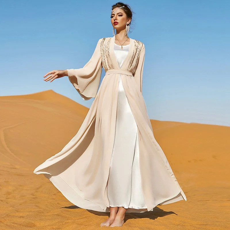 Double Layer Chiffon Sequin Embroidery Muslim Women Cardigan Open Abaya Dress Long Cardigan Short Cardigan Medium Cardigan Double Layer Chiffon Sequin Embroidery Muslim Women Cardigan Open Abaya Dress Long Cardigan Short Cardigan Medium Cardigan
