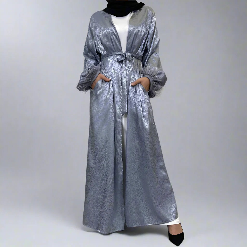 Muslim Women Printed Satin Open Cardigan Abaya Dress With Feather Puff Sleeve Fleece Fabric Down Fabric Feather Fabric Muslim Women Printed Satin Open Cardigan Abaya Dress With Feather Puff Sleeve Fleece Fabric Down Fabric Feather Fabric