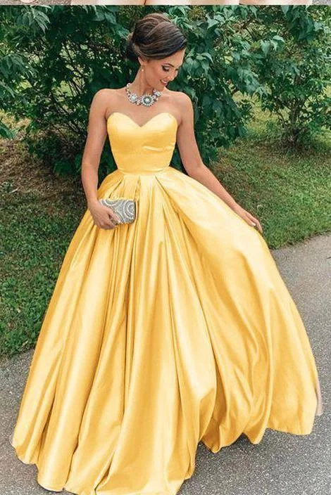 A Line Yellow Satin Prom Dresses, Strapless Sweetheart Sleeveless Party Dresses STK15046 Tunics Solid Classic A Line Yellow Satin Prom Dresses, Strapless Sweetheart Sleeveless Party Dresses STK15046 Tunics Solid Classic
