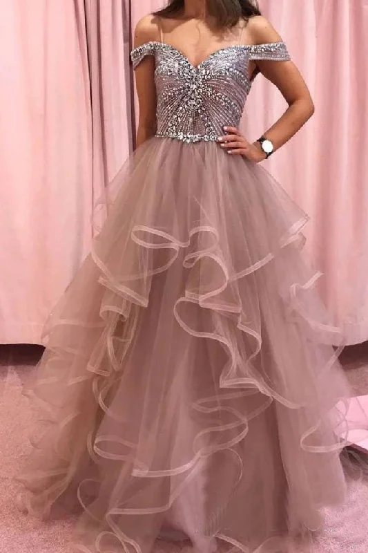 Elegant Rhinestones Layered Off the Shoulder Prom Dresses, Rose Pink Tulle Party Dresses STK15196 Crew Neckline Sporty Elegant Rhinestones Layered Off the Shoulder Prom Dresses, Rose Pink Tulle Party Dresses STK15196 Crew Neckline Sporty