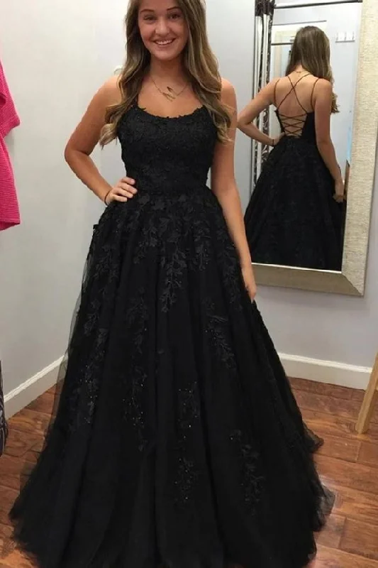 A Line Round Neck Black Lace Prom Dresses with Beading, Beads Criss Cross Party Dresses STK15017 Tunics stripes playful A Line Round Neck Black Lace Prom Dresses with Beading, Beads Criss Cross Party Dresses STK15017 Tunics stripes playful