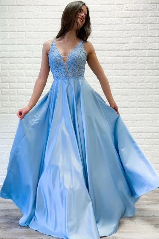 Flowy A-line V Neck Lace Long Prom Dresses Blue Satin Open Back Evening Party Dresses STK15229 Boatneck Modish Everyday Flowy A-line V Neck Lace Long Prom Dresses Blue Satin Open Back Evening Party Dresses STK15229 Boatneck Modish Everyday