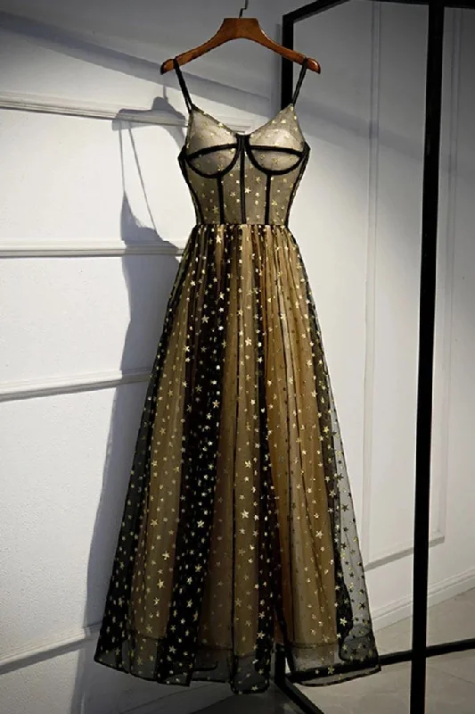 Charming Spaghetti Straps Sweetheart Black Tulle Prom Dresses with Stars, Party Dresses STK15127 Tunics Long Elegant Charming Spaghetti Straps Sweetheart Black Tulle Prom Dresses with Stars, Party Dresses STK15127 Tunics Long Elegant