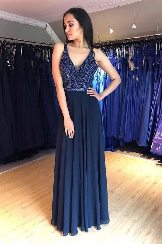 A Line V Neck Lace up Navy Blue Chiffon Long Prom Dresses with Beads Party Dresses Tunics Fleece cozy A Line V Neck Lace up Navy Blue Chiffon Long Prom Dresses with Beads Party Dresses Tunics Fleece cozy
