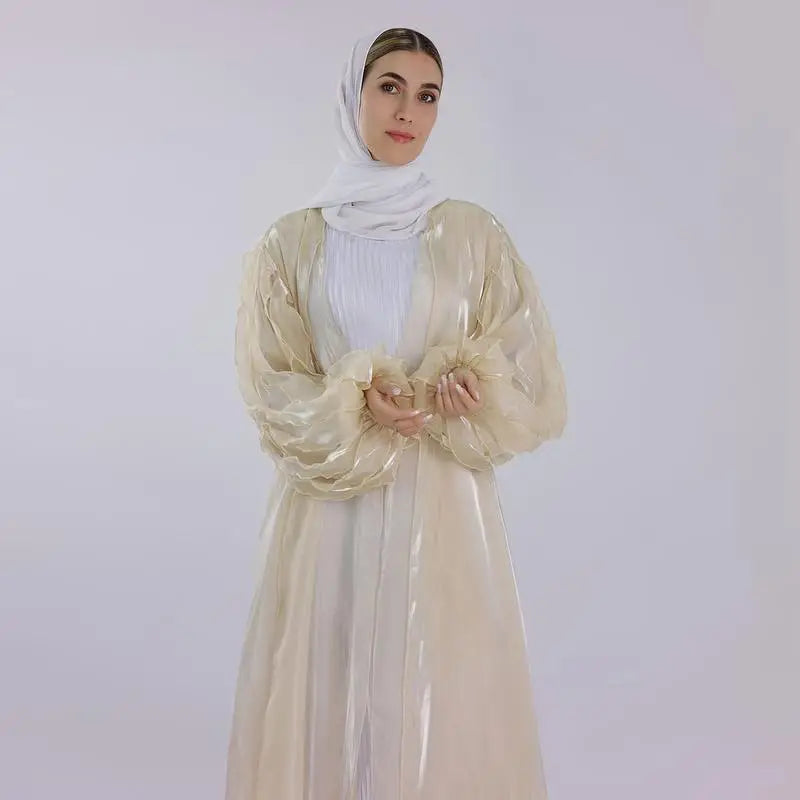 Petal Puff Sleeve Satin Cardigan Open Abaya Dress Muslim Women Patchwork Embroidered Appliqued Petal Puff Sleeve Satin Cardigan Open Abaya Dress Muslim Women Patchwork Embroidered Appliqued