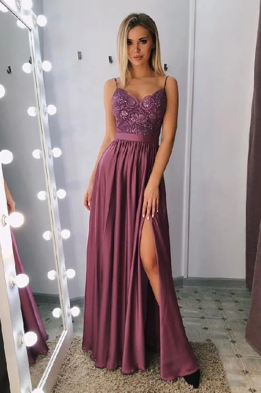 A Line Spaghetti Straps V Neck Purple Lace Side Slit Prom Dresses Party Dresses Tunics Canvas sturdy A Line Spaghetti Straps V Neck Purple Lace Side Slit Prom Dresses Party Dresses Tunics Canvas sturdy
