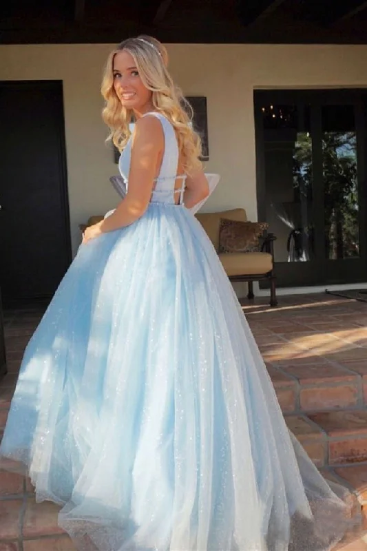Sparkly Deep V Neck Long Beaded Backless Light Blue Prom Dresses Cheap Party Dress Tunics Denim casual Sparkly Deep V Neck Long Beaded Backless Light Blue Prom Dresses Cheap Party Dress Tunics Denim casual