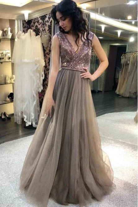 Elegant A Line Gray V Neck Tulle And Sequin Prom Dresses Long Party Dresses Tunics Chinos classic Elegant A Line Gray V Neck Tulle And Sequin Prom Dresses Long Party Dresses Tunics Chinos classic
