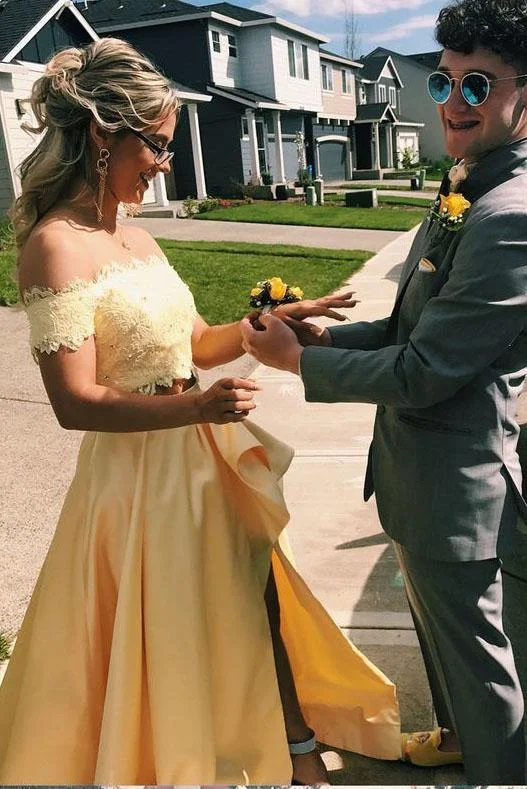 Elegant Two Pieces Yellow Off the Shoulder Prom Dresses Satin Appliques Party Dresses STK15210 Square Neckline Feminine Elegant Two Pieces Yellow Off the Shoulder Prom Dresses Satin Appliques Party Dresses STK15210 Square Neckline Feminine