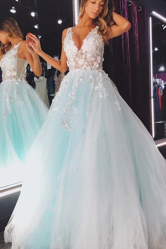 Elegant A Line Mint Green Tulle V Neck Prom Dresses with Lace Long Cheap Party Dress Tunics Satin smooth Elegant A Line Mint Green Tulle V Neck Prom Dresses with Lace Long Cheap Party Dress Tunics Satin smooth