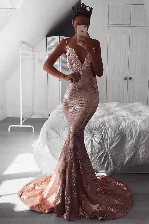 Sexy Rose Gold Sequins Mermaid Long Prom Dresses Spaghetti Straps Backless Party Dresses STK15349 Pencil Length Work Sexy Rose Gold Sequins Mermaid Long Prom Dresses Spaghetti Straps Backless Party Dresses STK15349 Pencil Length Work