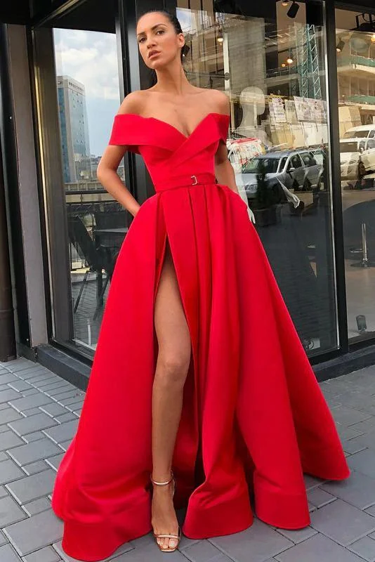 Off the Shoulder Red Satin V Neck Long Prom Dresses, High Slit Party Dresses with Pockets STK15271 Off-the-shoulder Chic Trendy Off the Shoulder Red Satin V Neck Long Prom Dresses, High Slit Party Dresses with Pockets STK15271 Off-the-shoulder Chic Trendy