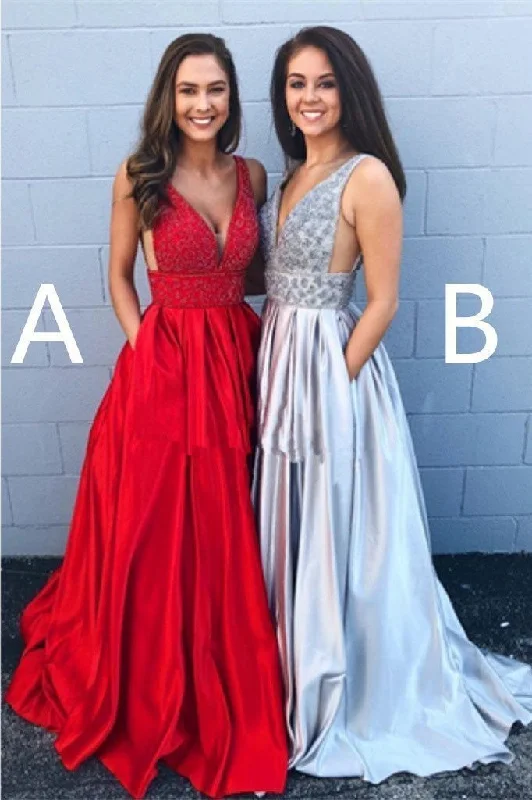 A-line Deep V Neck Beads Red Backless Long Prom Dresses With Pockets Party Dress Tunics Leisure comfortable A-line Deep V Neck Beads Red Backless Long Prom Dresses With Pockets Party Dress Tunics Leisure comfortable