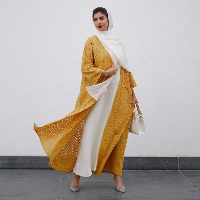 3 Pieces Set Hollow Out Cotton Cardigan Open Abaya Dress With Hijab Open Front Closed Front Wrap Front 3 Pieces Set Hollow Out Cotton Cardigan Open Abaya Dress With Hijab Open Front Closed Front Wrap Front